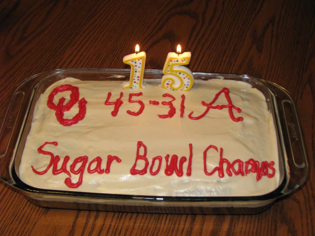 My oldest son wanted to celebrate the OU Sugar Bowl win with his cake this year!