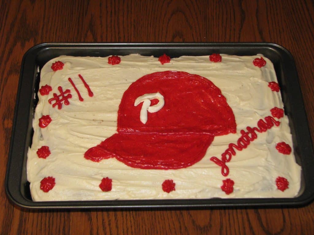 Jonathan wanted a Phillies cap on his cake so we made one with frosting!