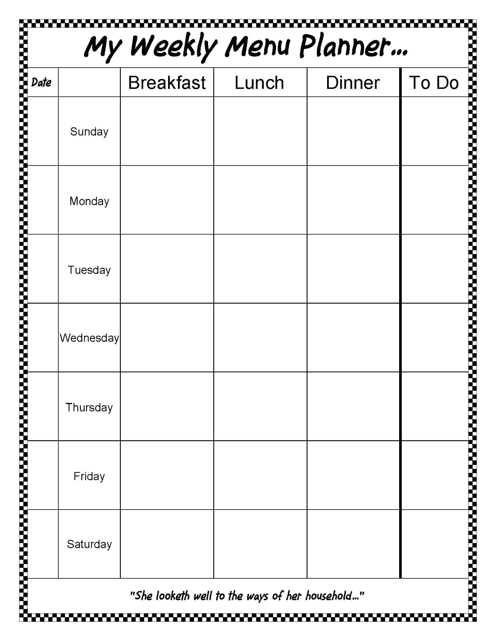 printable menu weekly calendar template