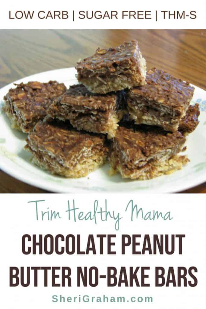 Chocolate peanut butter no bake bars on a plate.